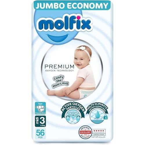 Molfix White Premium Diapers Size 3 Medium 56 Pcs - مولفيكس وايت بريميوم حفاضات مقاس 3 وسط 56 قطعة