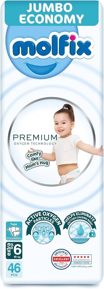 Molfix White Premium Diapers Size 6 XL 46 Pcs - مولفيكس وايت بريميوم حفاضات مقاس 6 اكسترا لارج 46 قطعة