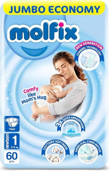 Molfix Newborn Diapers Size 1 Pack 60 Pcs - مولفيكس حفاضات حديثي الولادة مقاس 1 عبوة 60 قطعة